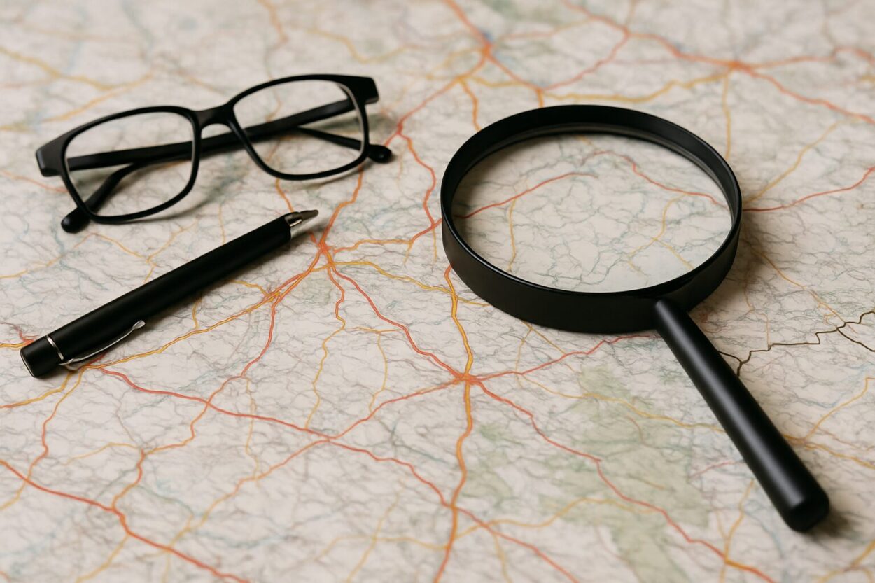 Carte du territoire avec une loupe (image générée par une IA) Carte du territoire avec une loupe (image générée par une IA)